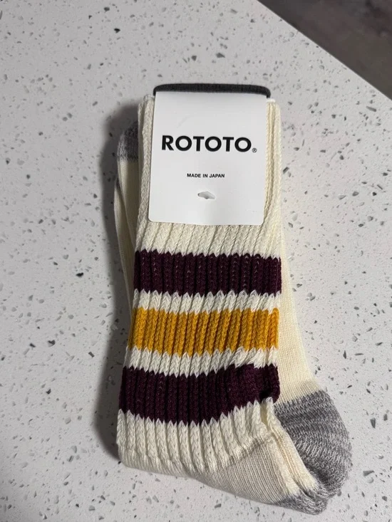 RoToTo Retro Coarse Ribbed Old School Crew Socks in Gold & Bourdeaux NWT - Picture 11 of 12